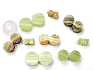 Green Onyx Double Flare Stone Plugs – Natural Light Green and Brown Striped Gauges in 6mm–25mm