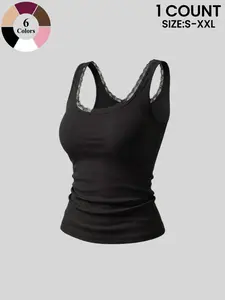 Women's Lace Trim U-Neck Ribbed Tank Top, Fitted Plain Style, Versatile Slimming Innerwear, All-Season Commuter Wear