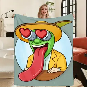 Cute Green Frog Wearing Glasses Heart Shaped Eyes Retro Cartoon Design Plush Flannel Blanket All Season Cozy Bedspread for Bed Couch Floor Adults Playful Frog Themed Home Decor Multicolor