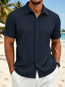 Men's Summer Hawaiian Vacation Casual Polo Shirt, Short Sleeve Textured Knit Top, Half Open Front Design, Comfortable Daily Wear, Office & Travel