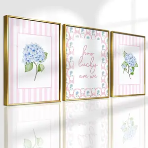3 Counts Aluminum Alloy Framed Painting, Blue Hydrangea Flower And Pink Ribbon Art Pictures, Home Decoration For Living Room, Bedroom, Office, Restaurant, Hallway Wall Decor, Odorless Print Artwork, Luxury Perfect Gift For Friends And Family