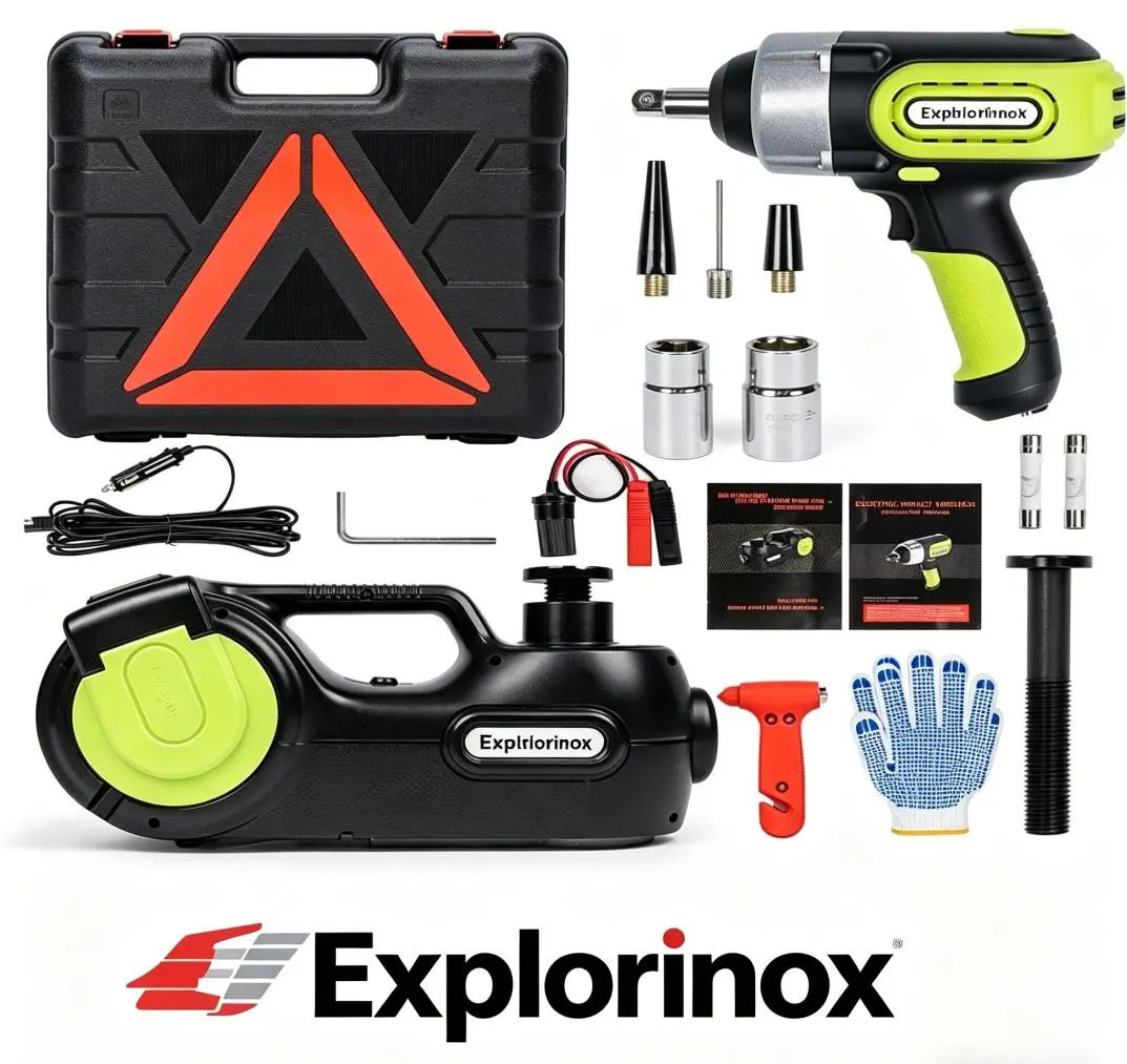 Explorinox Electric Hydraulic Jack Emergency Tool Kit with Window-Breaking Hammer Anti-Slip Gloves Battery Clamps Electric Wrench