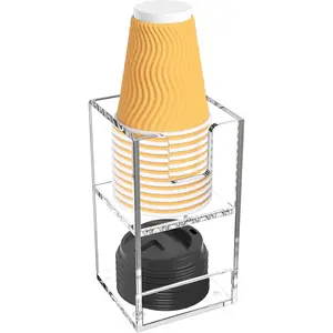 Coffee Condiment and Cup Organizer 2-Tier Upright Cup and Lid Holder with Straw Organizer 2 Compartments Clear Acrylic Cup Dispenser for Restaurant Breakroom Coffee Station Countertop
