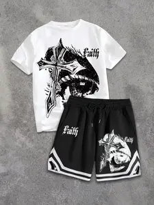 Men's Loose Fit Faith Print Two-Piece Set, Gothic Faith Slogan & Cross Skull Graphic Pattern, Soft Breathable T-Shirt & Elastic Waist Shorts