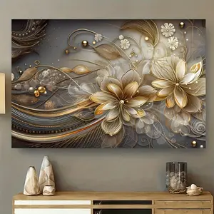 Wooden Framed Elegant Golden Floral Canvas Art 12X18Inch Modern Living Room Bedroom Wall Decoration Ornaments Flower Print Design Home Abstract Wall Art Office Decor 12*16inch - 12X18Inch(30X45Cm)