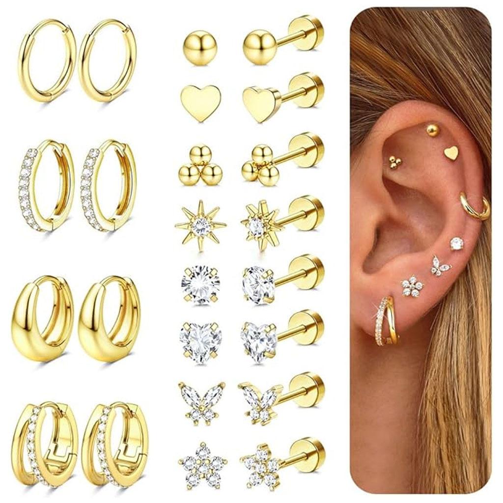12-Pair Gold Earring Set – Hypoallergenic Studs & Huggie Hoops with Cubic Zirconia 12-Pair Gold Earring Set – Hypoallergenic Studs & Huggie Hoops with Cubic Zirconia