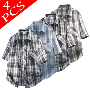 4 Pack Men's Plaid Short Sleeve Button Down Shirts - Vintage Casual Loose Fit Checkered Shirts for Summer Couple Style