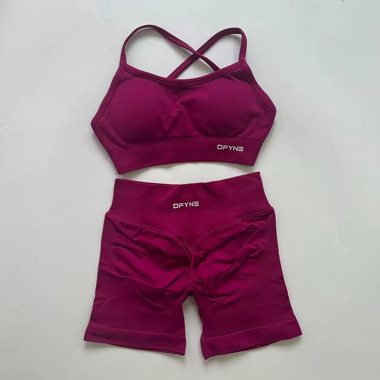 Women's DFYNE Impact Seamless 2-Piece Matching Activewear Set - Female High Waisted Anti-Chafe Scrunch Shorts, Open Back Backless Sports Bra, Sculpting Gym Workout Clothing