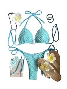 Blue Textured Halter Triangle Bikini Set for Women | Summer Beach Swimwear