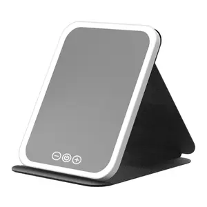 UNIQNOVA LED Lighted Makeup Mirror Adjustable Color Brightness Touch Control Folding Cosmetic USB Rechargeable Portable Travel Vanity Mirror with Natural Warm Cool White Light