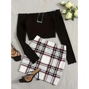 Spring/Summer Knit Fabric Skirt Suit Set - Plaid Pattern, Off the Shoulder Collar, Polyester Blend (95% Polyester, 5% Elastane), Lightweight 180g/m2, Draped Design 2 piece sets women