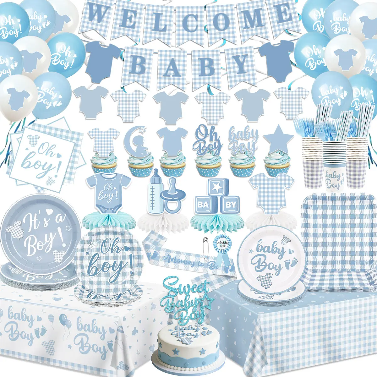 Blue Baby Shower Decorations Boy Blue Gingham Welcome Baby and Body Cloth Banner Plates Napkins Cups Sash Centerpieces Hanging Swirls Tablecloth Cake Topper Balloon Baby Boy Baby Shower Party Decor