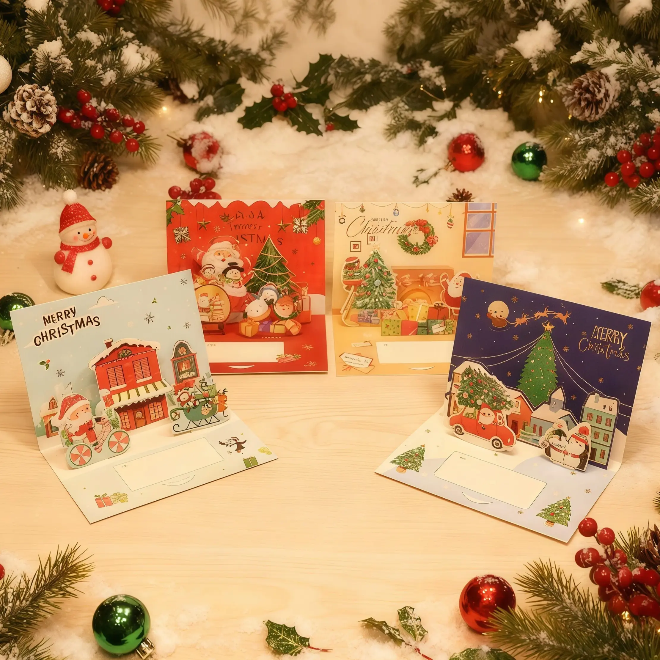 3D Pop-Up Christmas Greeting Card Set of 4 | Large-Size Holiday Cards with Envelopes & Individual OPP Bags | Gold Foil Shimmer