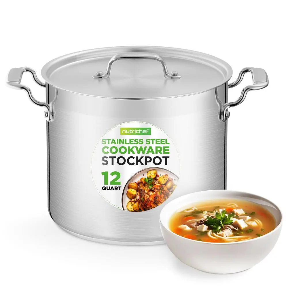 12 Quart Stainless Steel Stockpot with Lid | Heavy Duty Soup & Stew Pot with Riveted Handles & Even Heat Base - Gas, Induction, Glass Ceramic Compatible Cooktops -  Large Capacity Cooking Pot for Daily Use