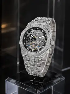 Men's Silver Color Hollow Out Face Watch, Full Diamond Bezel, Automatic Mechanical Wristwatch, Fashionable and Versatile