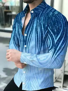Men's long-sleeve Casual shirt featuring a blue gradient abstract wave Novel pattern