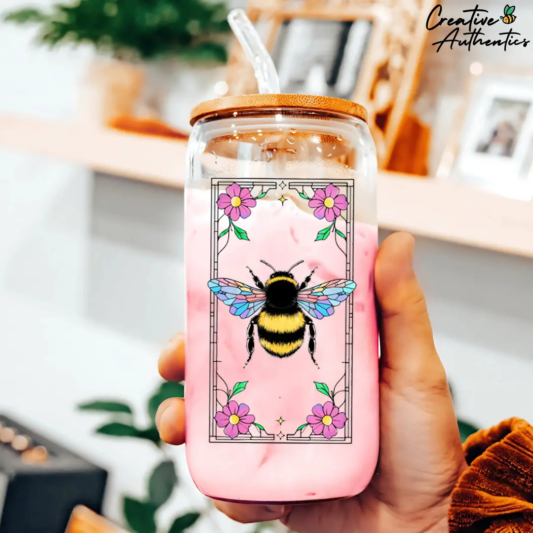 Floral Bee Design 16oz Glass Tumbler, Cute Drinkware for Bee Lovers, Save The Bees, Perfect Gift for Women Beekeepers, Honeybee Glass Cup