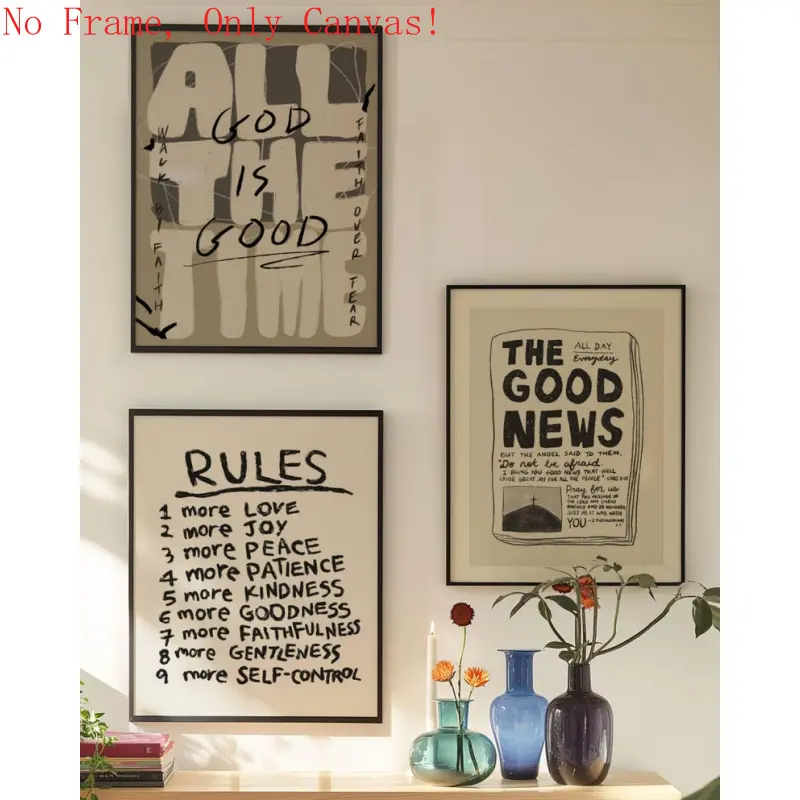 Christian 3-Piece Frameless Wall Art Bundle - Neutral Modern High-DPI Scripture Prints ("God Is Good", "Fruit of the Spirit"), Waterproof Paintings, Kitchen & Living Room Decorations with Box & PVC Tube