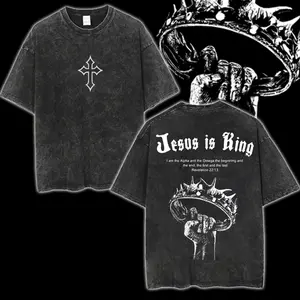 Alpha & Omega Gym Tee – Jesus is King Print, Jesus Pump Cover, Embroidered Cross Front, Bible Verse Oversized Faith Shirt Crewneck Cotton Menswear Top Apparel