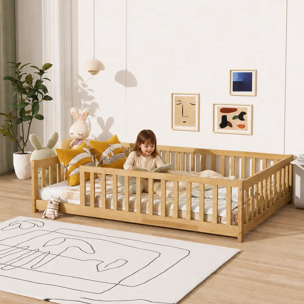 Natural Rubberwood Full Size Floor Bed with Doorless Safety Guardrails for Kids’ Independent Sleep and Play