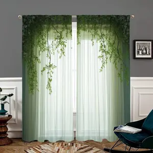 2-piece set of willow forest printed curtains, natural green gradient design, pole pocket style, semi sunshade polyester fiber, suitable for home living room, bedroom, balcony, kitchen, anti privacy, easy to clean, Easy install curtain