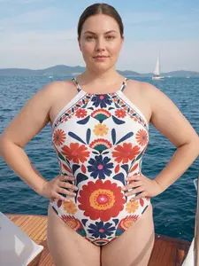 Plus Size Floral One Piece Swimsuit, Slimming High Neck Bathing Suit Perfect For Yacht Beach Photos
