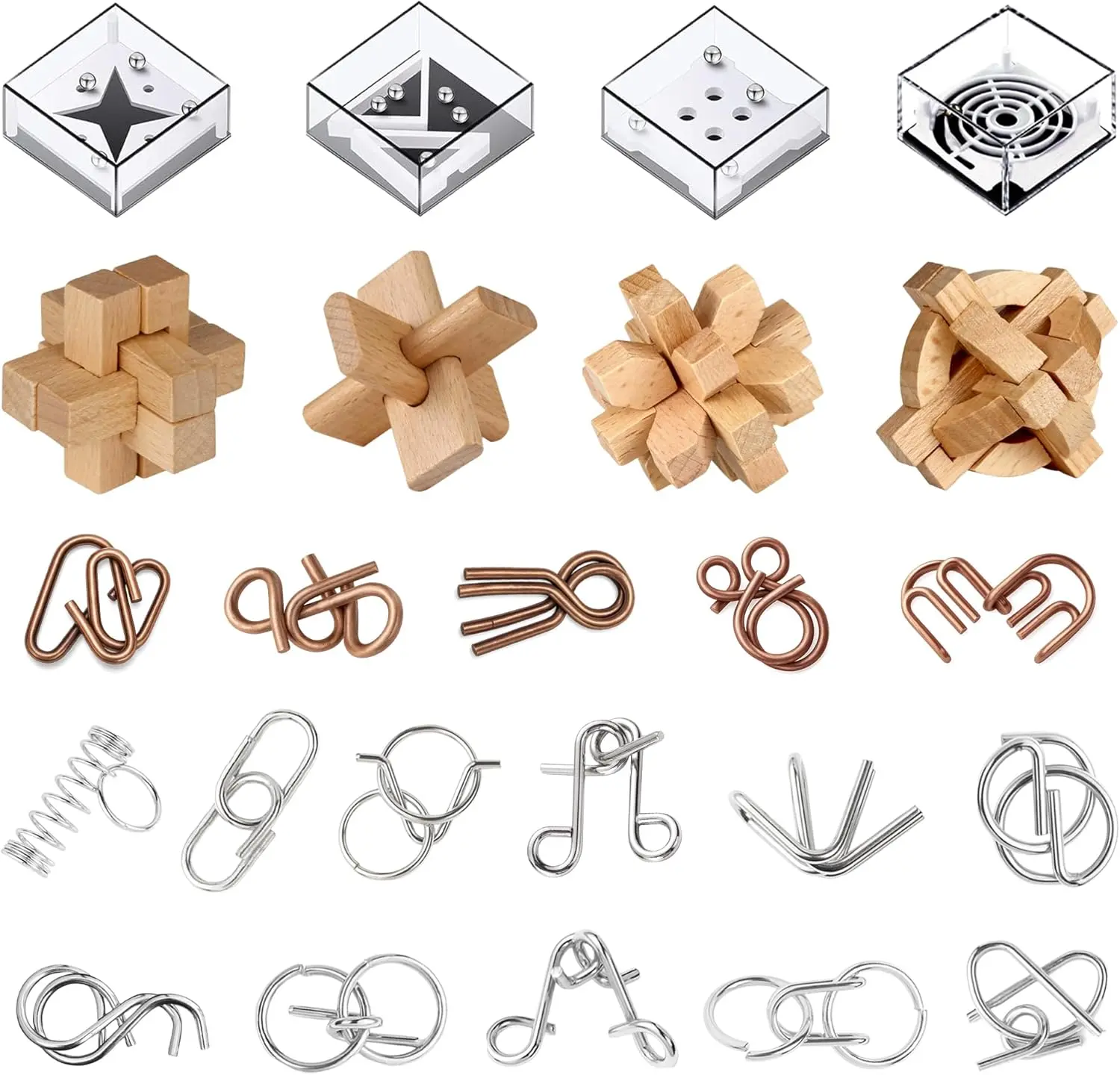 24-Pack Brain Teaser Puzzle Set - Metal & Wooden Assembly & Disentanglement Puzzles with Balance Challenges, IQ Logic Games for Kids, Teens Party Favors & Return Gifts