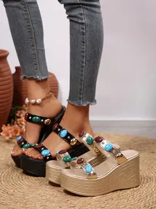 Boho Style Colorful Gemstone Decorated Slippers, Ethnic Retro Waterproof Thick Heeled Sandals, Perfect for Daily Wear, Parties, Beach Holidays, Summer