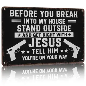 Funny Wall Decor Metal Sign – “Stand Outside & Get Right With Jesus” Tin Sign, 8×12 Inch Bold Gun Rights Wall Art for Patriotic Home, Garage & Man Cave – Palette&Wall