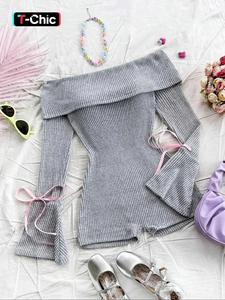 women's solid ribbed off shoulder flounce sleeve romper, casual chic fashion cozy pastel romper for daily outdoor wear, women's long sleeve clothes for spring & fall, womenswear, longsleeves, minimalist skinny romper