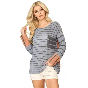 Striped Color block Pocket Ribbon Yarn Sweater Top