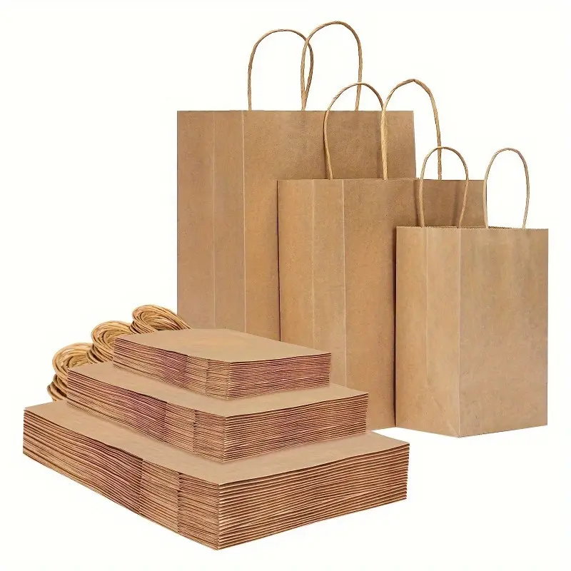 25/50pcsKraft paper bags with handles for bulk use, gift bags and shopping bags as well as retail bags in assorted sizes. Easy to sort and store, suitable for gift packaging at weddings and parties. Easter storage tote foldable shopping Festive