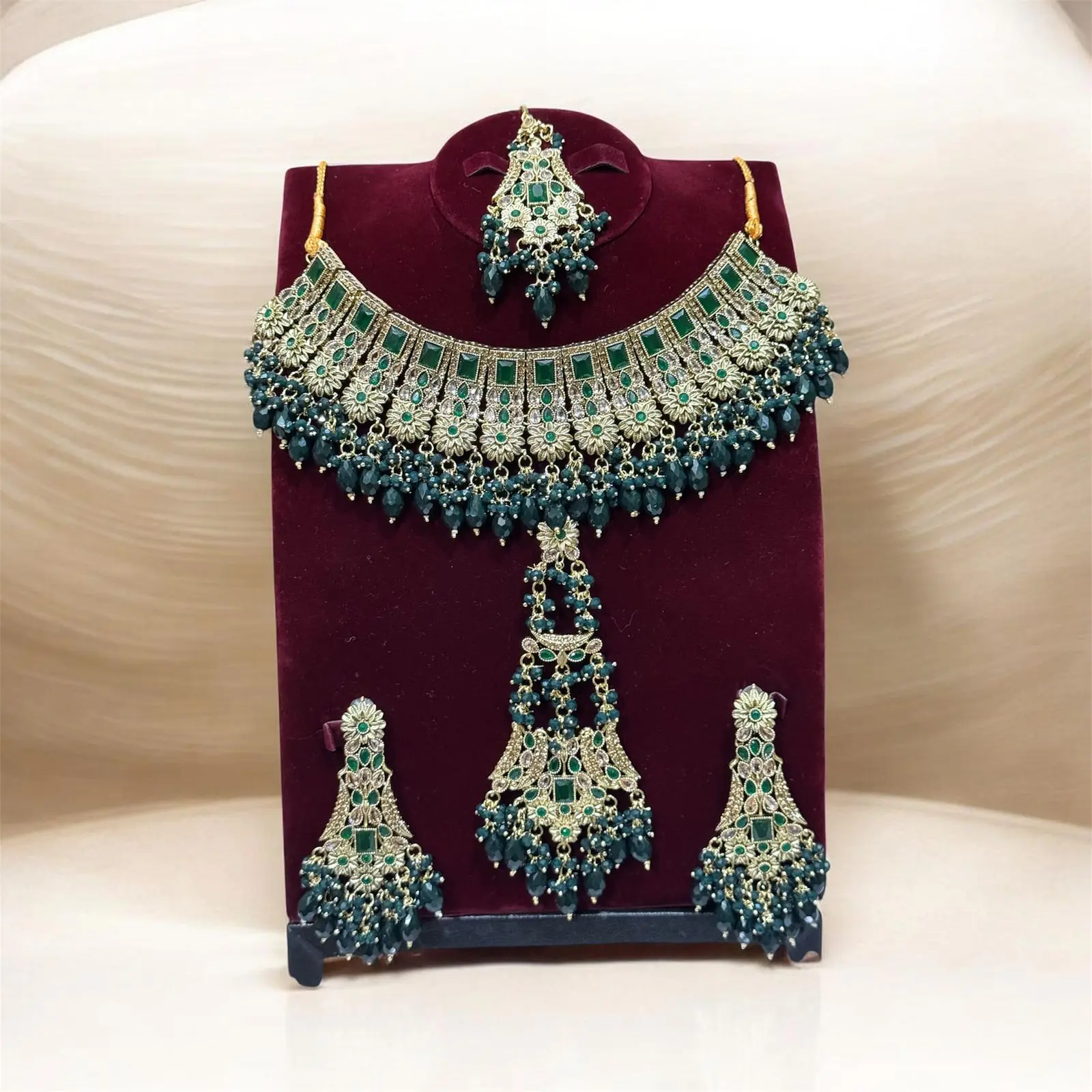 Women's Authentic South Asian Bridal 3-Piece Costume Jewelry Set - Female, Earrings, Necklace, Maang Tikka, Gold-Tone with Crystal Stones, Detailed Floral Patterns, 3in, 400g, Lightweight, Bold & Elegant Appearance, Engagement Use