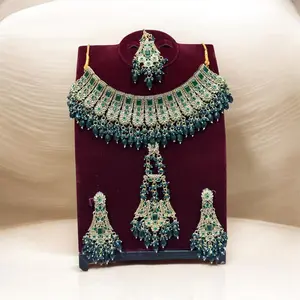 Luxury Ruby Red Bridal Jewelry Set – Necklace, Earrings & Maang Tikka