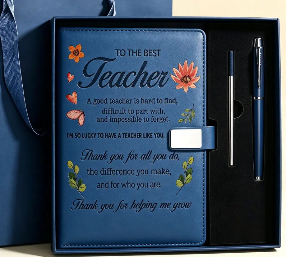 To The Best Teacher Gift Set - Blue Floral Notebook with Pen - Perfect for Teachers - Inspirational Quote - Ideal Teacher Appreciation Gift