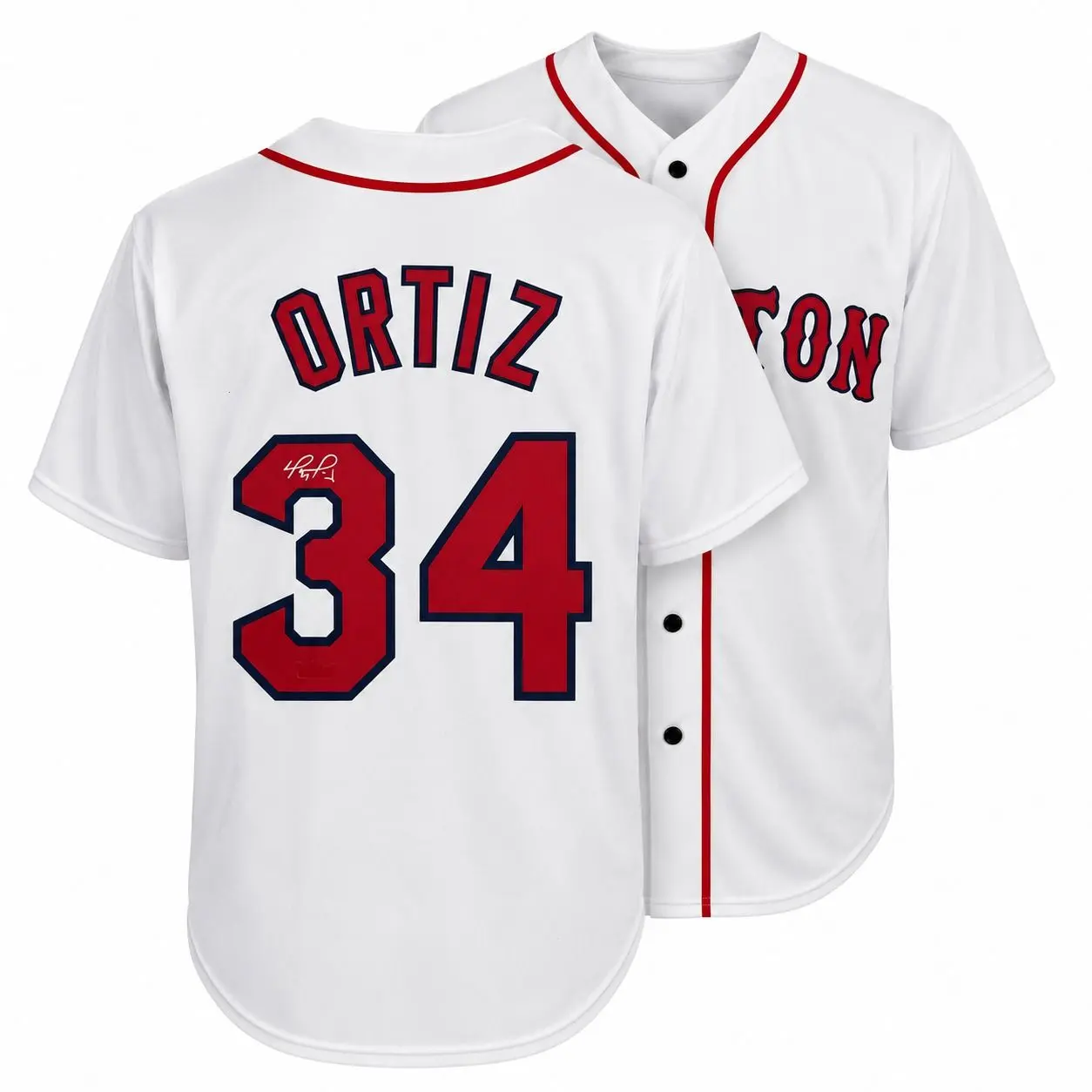 All-over Print Baseball Jersey Without Piping, Red White Baseball Uniform, White Red Baseball Uniform, Ortiz #34 Facsimile Autographed Sports Fan Jersey, Lightweight Breathable Athletic Graphic Jersey, Game Day Apparel for Men Women Baseball Fans