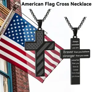 American Flag Cross Stainless Steel Cross Black Pendant Bible Verse Pendant Fashion Necklace for Men, Husband, Father, Mother's Day Gifts