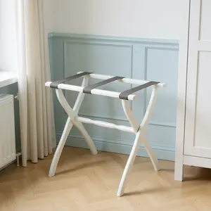 360 Stand White Foldable Frame Luggage Holder with Gray Straps, Wood Organiser, Curved Legs for Home Room Storage