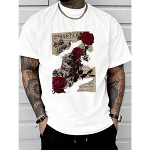 Men's Soft Cotton Printed T-Shirt - Vintage Rose Pattern Short Sleeve Summer Casual Crew Neck White Comfortable Daily Top, Light Fabric Smooth