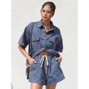 Collared Neck Button Up Top and Shorts Denim Set