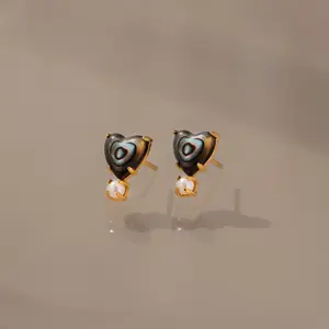 Abalone Pearl Heart Studs by Caitlyn Minimalist - Dainty Gemstone Drop Earrings - Boho Wedding Jewelry - Gift for Wife