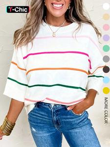 women's striped print sweater, casual short sleeve round neck jumper for daily wear, ladies knitwear for spring & fall
