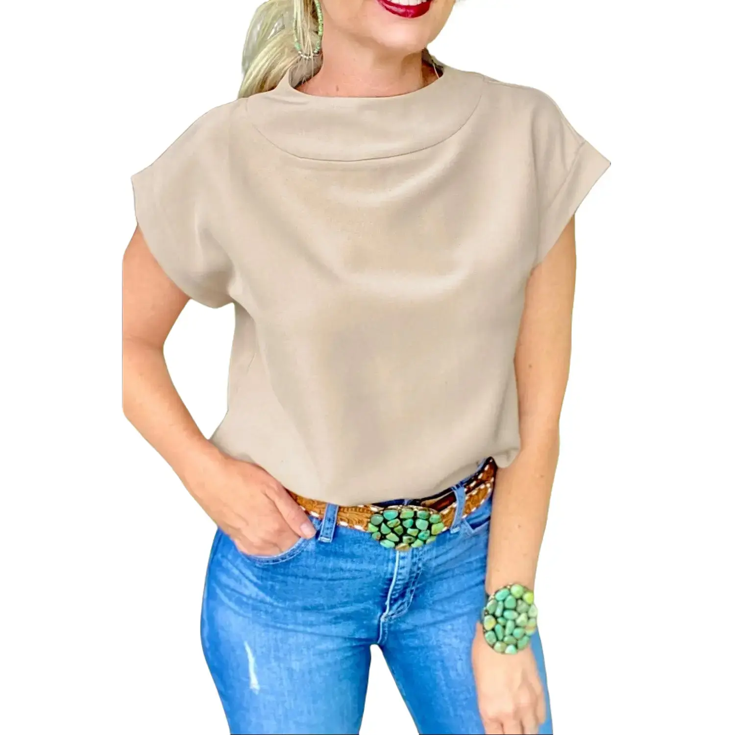 Oatmeal Plain Crew Neck Loose Fit Casual Top