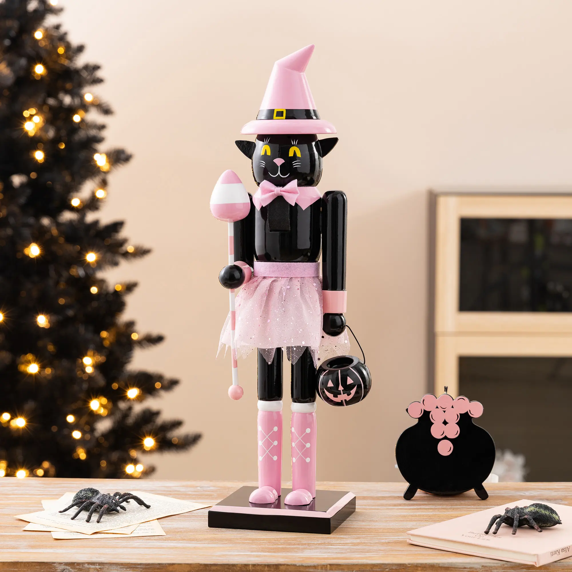 Glitzhome 18.25"H Halloween Wood Pink Cat Nutcracker with Ornament, Multicoloured Festive Decor for Room Decor