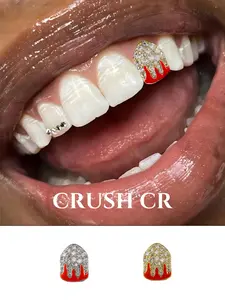 CRUSH CR 14K Gold Plated Iced Out Flame Single Tooth Grillz, Tooth Gems Paved with CZ Stones in Gold/Silver Options Perfect for women into hip hop concerts club nights streetwear fits TikTok photoshoot Y2K aesthetic outfits dental jewelry