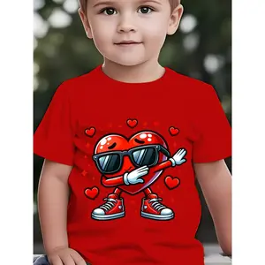 Boys' Fitted Crew Neck Breathable T-Shirt - Minimalist Summer Short Sleeve Top with Cute Cool Heart Boy Print, All Seasons Casual Wear for Valentine's Day Outfits, Easy-Care Clothing NY-DX7511