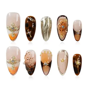 Luxury Handmade Press on Nails - Gothic Gold Cross & 3D Floral Medium Almond, Vintage Pearl Rhinestone Glossy Salon Quality Nails (Orange Diamond Sweet Luxury,M)
