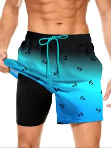Men's Ombre & Anchor Print Double Layer Beach Shorts, Casual Comfy Breathable Swim Shorts for Beach Vacation, Men's Swimwear for All Seasons