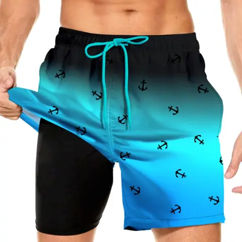 Men's Ombre & Anchor Print Double Layer Beach Shorts, Casual Comfy Breathable Swim Shorts, Bathing Shorts, Swimsuit Shorts for Beach Vacation, Men's Swimwear for All Seasons, Sports Swimming Shorts