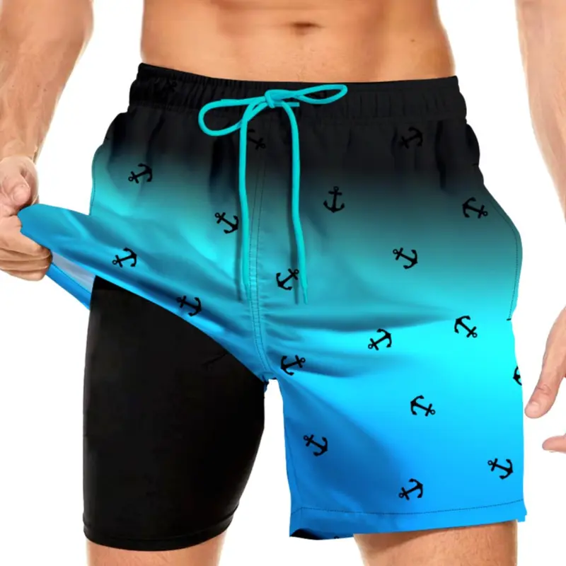 Men's Ombre & Anchor Print Double Layer Beach Shorts, Casual Comfy Breathable Swim Shorts, Bathing Shorts, Swimsuit Shorts for Beach Vacation, Men's Swimwear for All Seasons, Sports Swimming Shorts